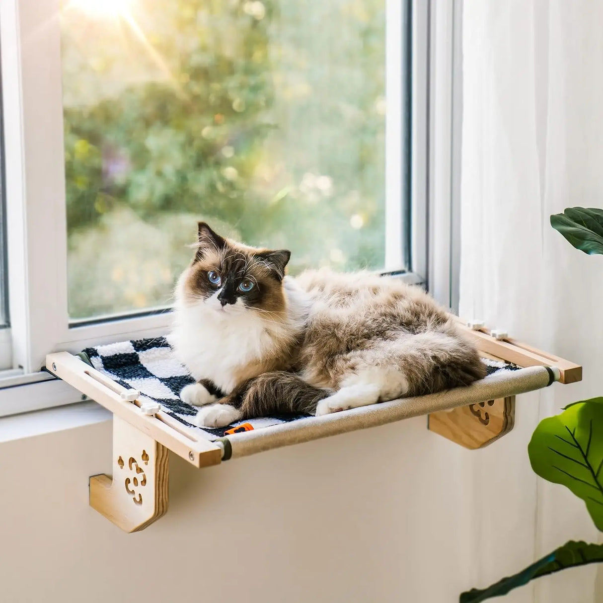 Mewoofun Sturdy Cat Window Perch Hammock Bed with Wood Metal Frame for Cats Easy to Assemble for Windowsill Bedside and Cabinet