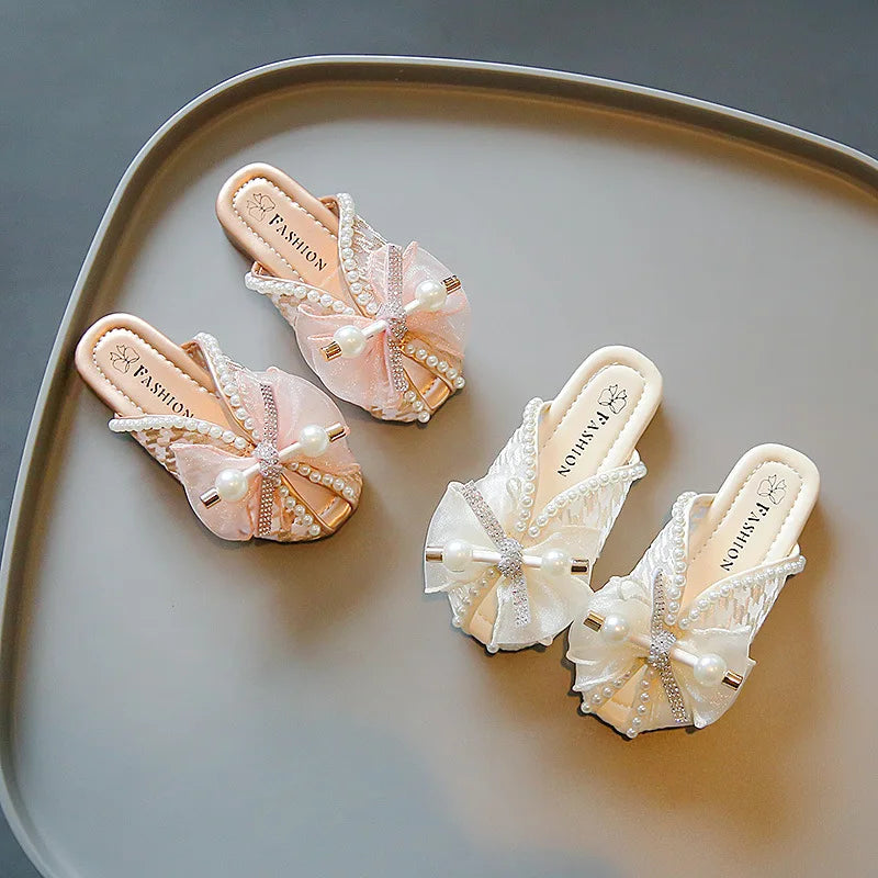 슬리퍼 Children's Slippers Summer New Bow Girl Princess Shoes Soft Sole Home Shoes Flat Kids Shoes Fashion Girl Slippers flip flops