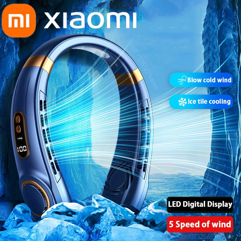 Xiaomi MIJIA Portable Neck Fan USB Handheld Mute LED Digital Display Leafless Mini Electric Fan Colorful Atmosphere Lights