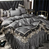 Princess style big lace side bed on four-piece set washed ice silk  silk bed skirt white