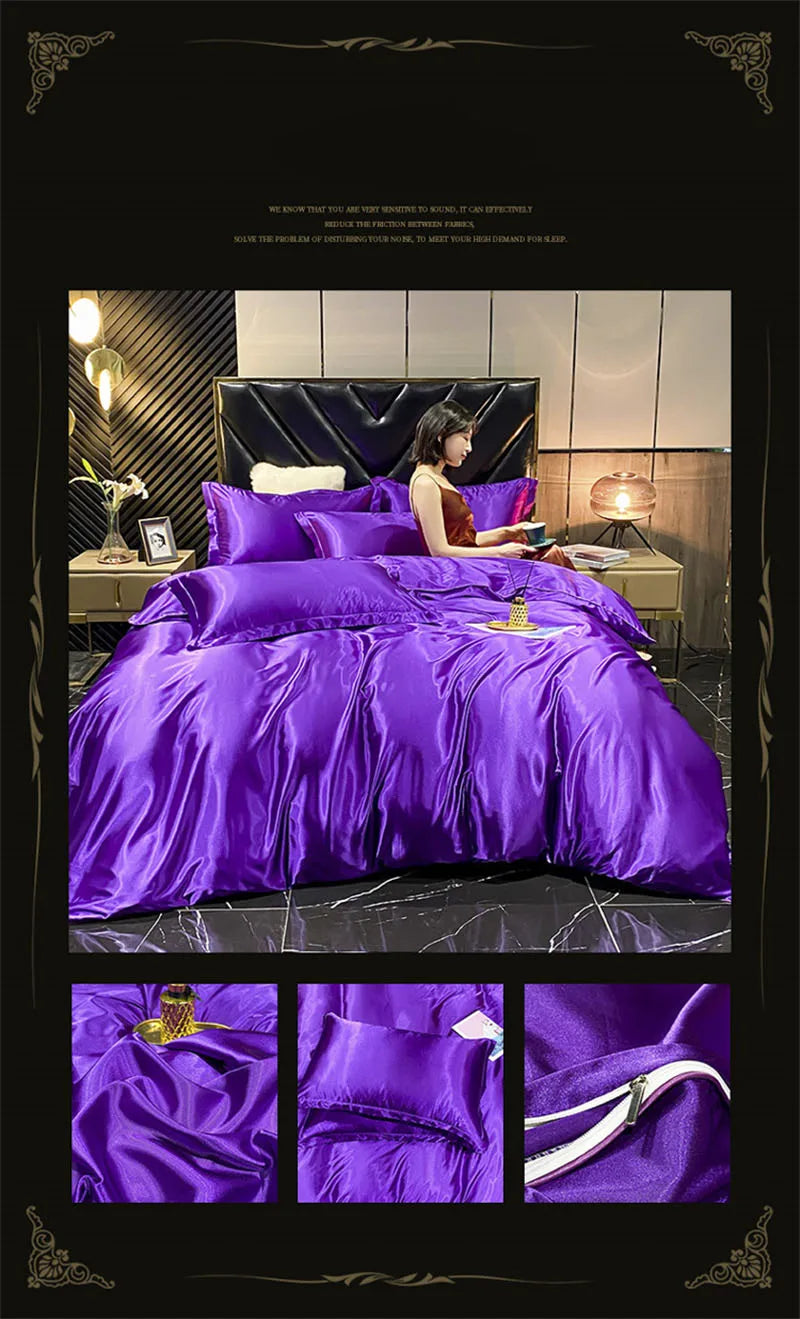 High-end Blending Natural Mulberry Silk Bedding Set Luxury Satin Silky Queen Size Duvet Cover Set with Sheets King Size Bed Set