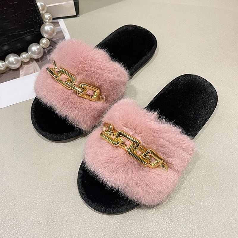 Fluffy Slippers Home Winter Casual Chain Designer Shoes Women 2024 Indoor Platform Plush Slides Girls Fashion Elegant Large Size