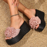 Large Flower Open Toe One Line Thick Bottom Slippers for Women's 2024 Summer New Fashion Slope Heel Women's Slippers