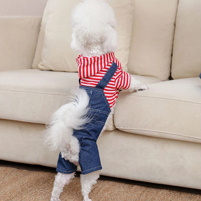 Pet Clothes Dog Cat Striped Plaid Jean Jumpsuit Hoodies Pet Costume for Small Medium Dog Chihuahua French Bulldog Puppy Clothing