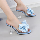 2023 Fashion Crystal Bow High Heels Slippers Shoes for Woman Sexy PVC Transparent Sandals Women Slides Open Toe Pumps Blue Black