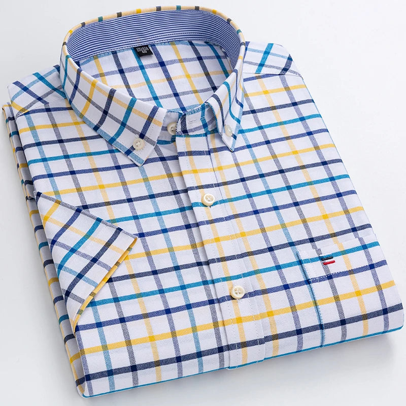 2023 100% Pure Cotton Men's Oxford Short Sleeve Square Collar Soild Plaid Striped Summer Casual Shirts Single Pocket  Shirt