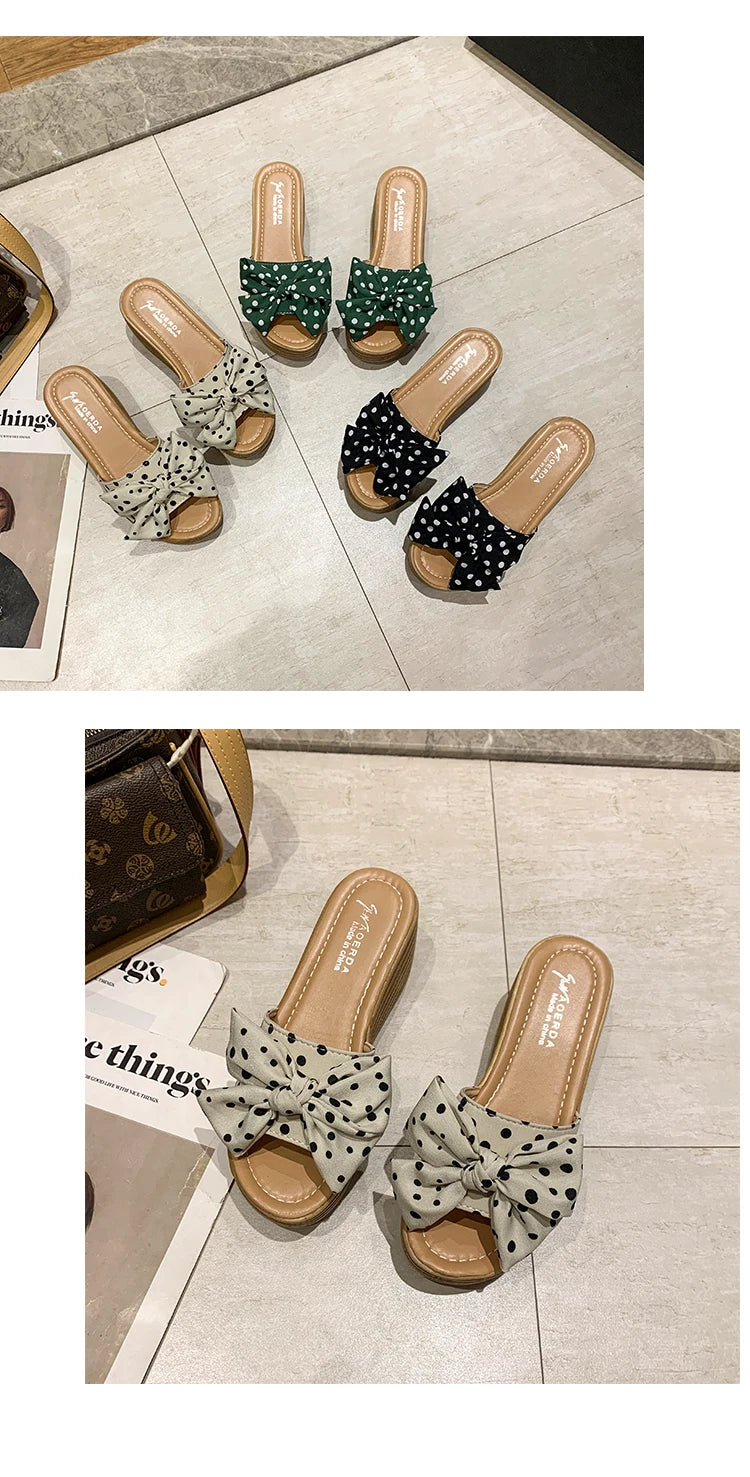 Aphixta 7cm Platform Wedge Slippers Women Shoes Butterfly-knot Clog Riband Polka Dot Snowflake Fabric Bow Flip Flop Light Slide