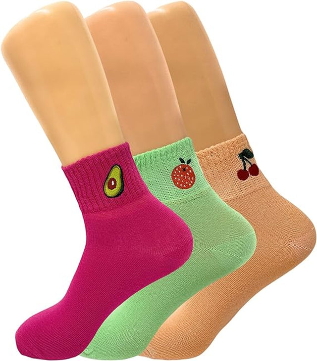 3 Pairs - Fruit Socks Women Embroidery Funny Cute Cartoon Fruit Print Female Low Cut Ankle Socks